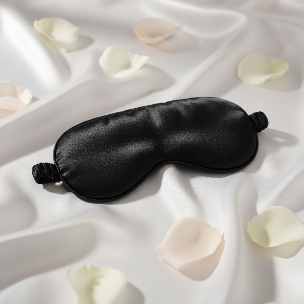 Masque de nuit satiné noir sur surface élégante