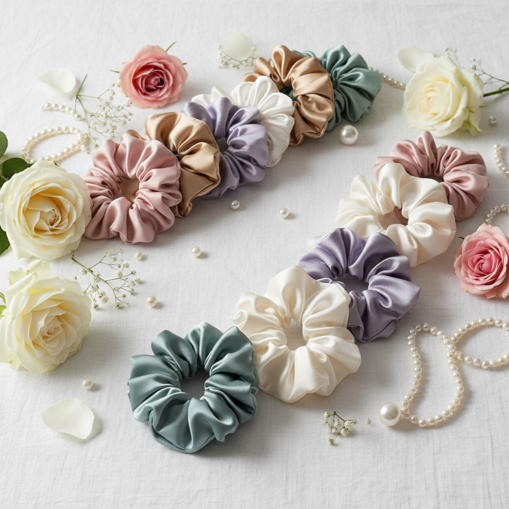 Flat lay chouchous satinés avec fleurs