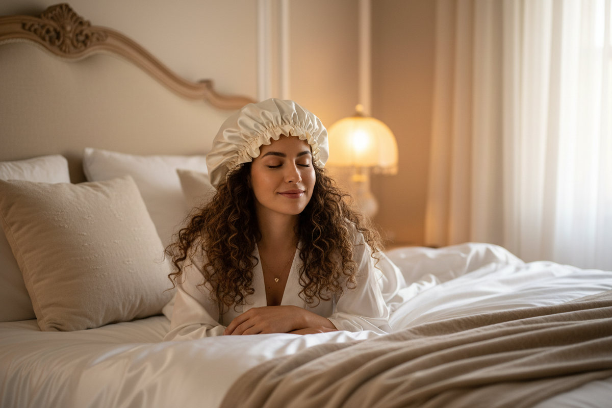 Femme aux cheveux bouclés avec bonnet soie