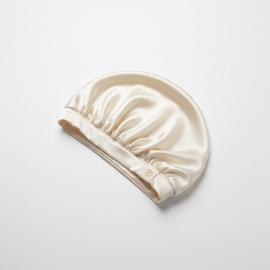 Bonnet de nuit en soie ivoire sur fond blanc