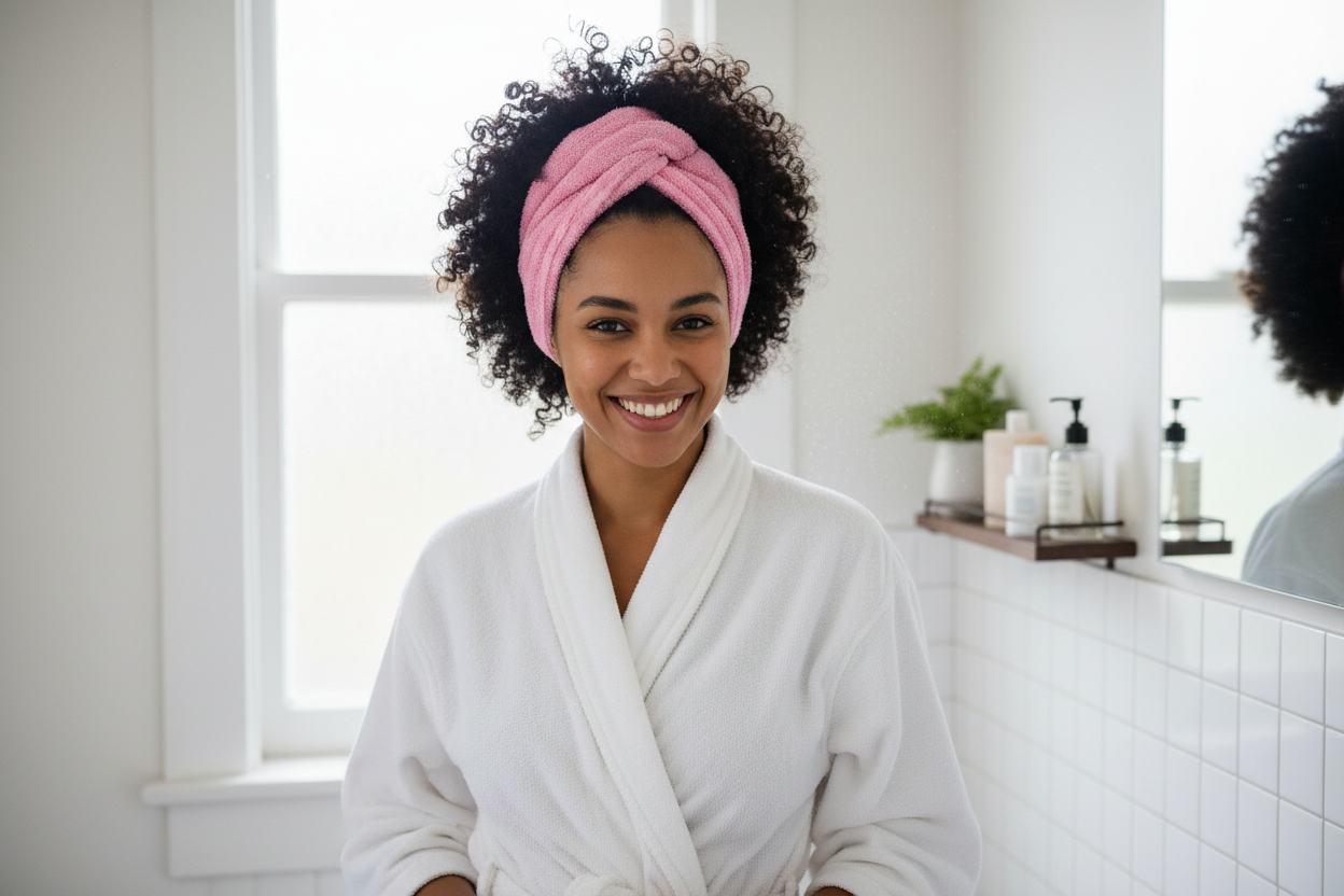 Femme aux cheveux bouclés avec serviette après douche