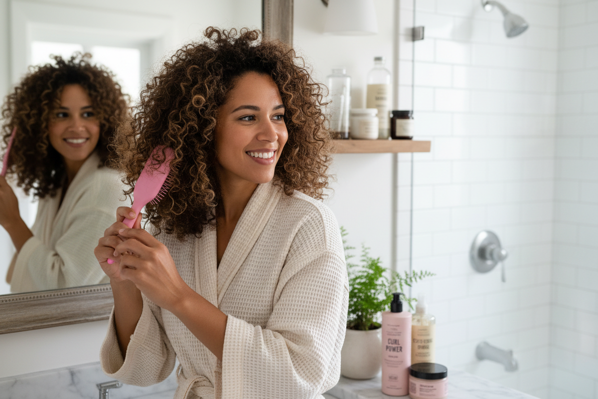 Femme démêlant ses cheveux bouclés