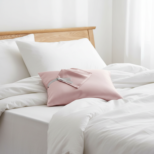 Taie d'oreiller satinée rose sur lit élégant